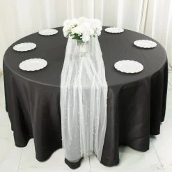 White 48x120 In Sheer Tulle Table Runner With Faux Pearls