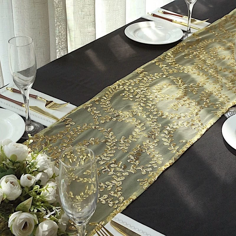 12x108 In Tulle With Embroidered Leaves Vines Sequins Table Runner - Image 10