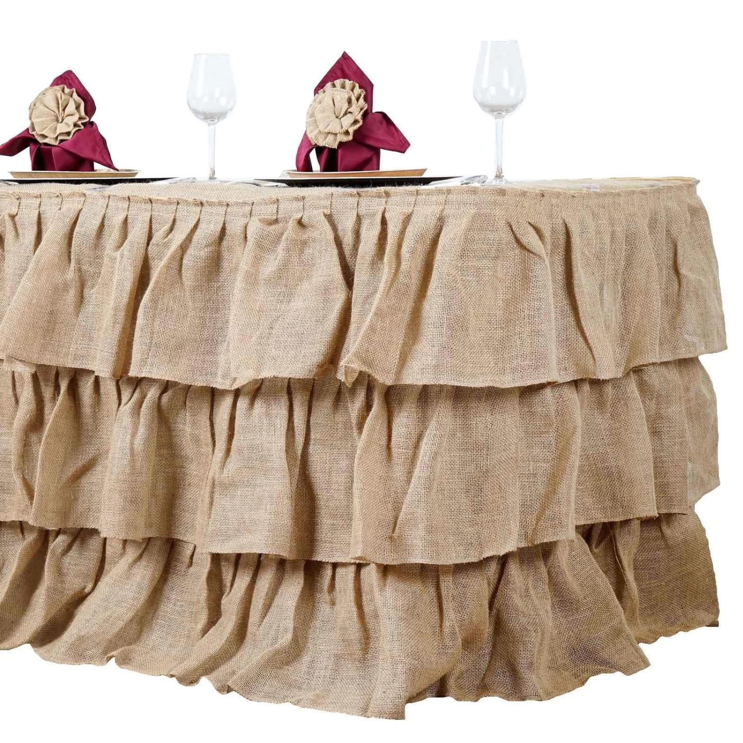 Natural Brown 3 Tiers Ruffled Burlap Table Skirt - Image 2