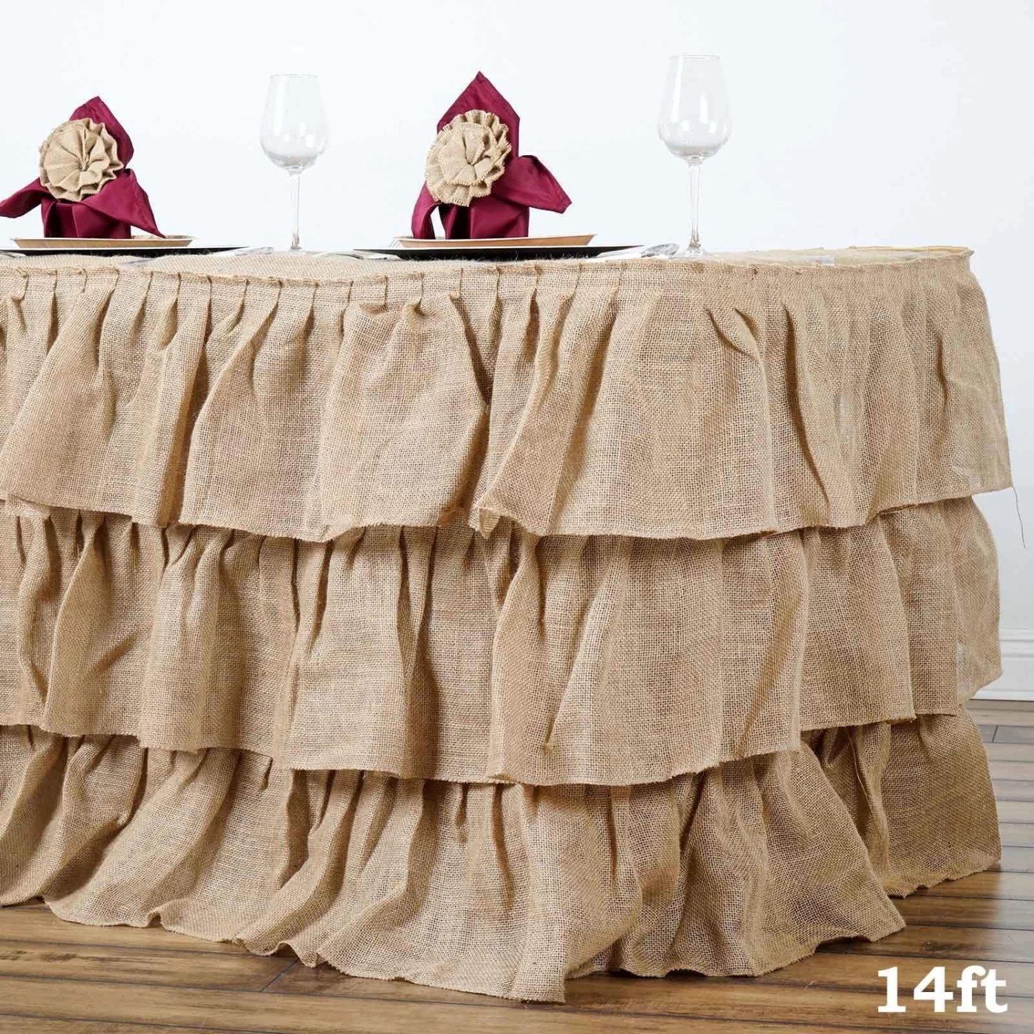 Natural Brown 3 Tiers Ruffled Burlap Table Skirt - Image 5