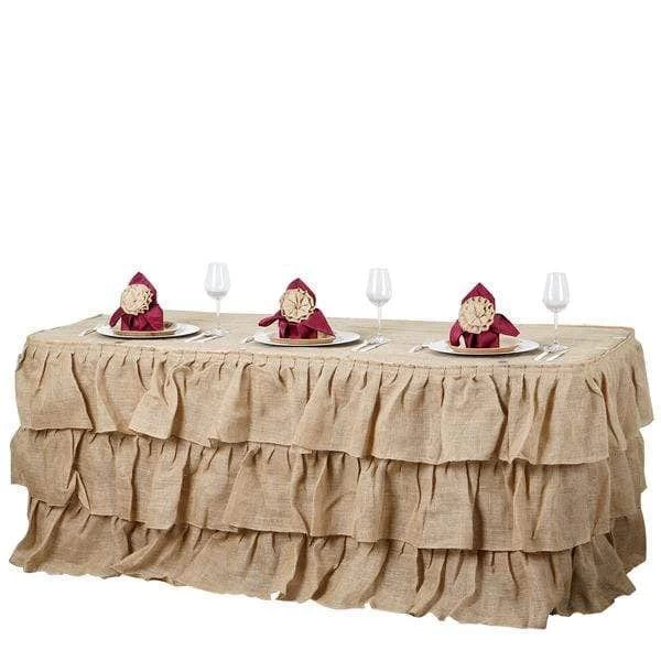 Natural Brown 3 Tiers Ruffled Burlap Table Skirt - Image 9