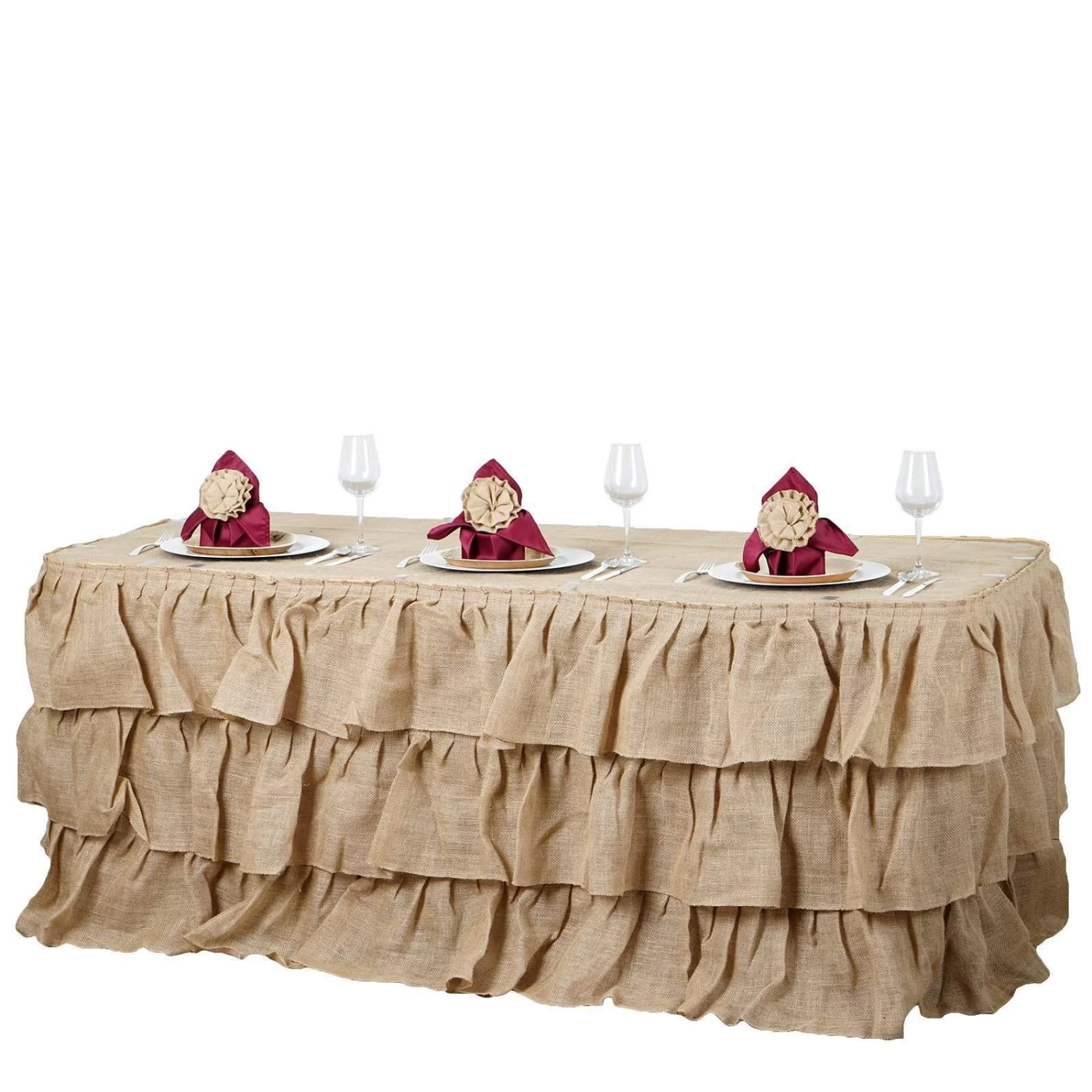 Natural Brown 3 Tiers Ruffled Burlap Table Skirt - Image 17