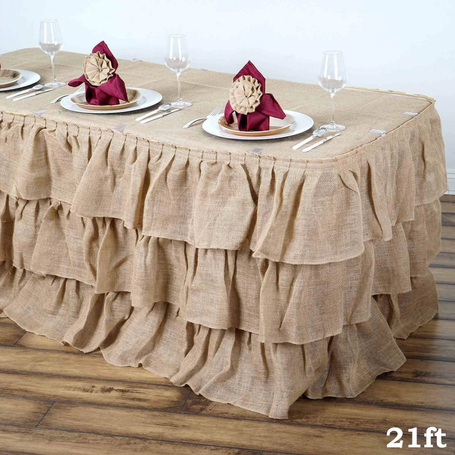 Natural Brown 3 Tiers Ruffled Burlap Table Skirt - Image 18