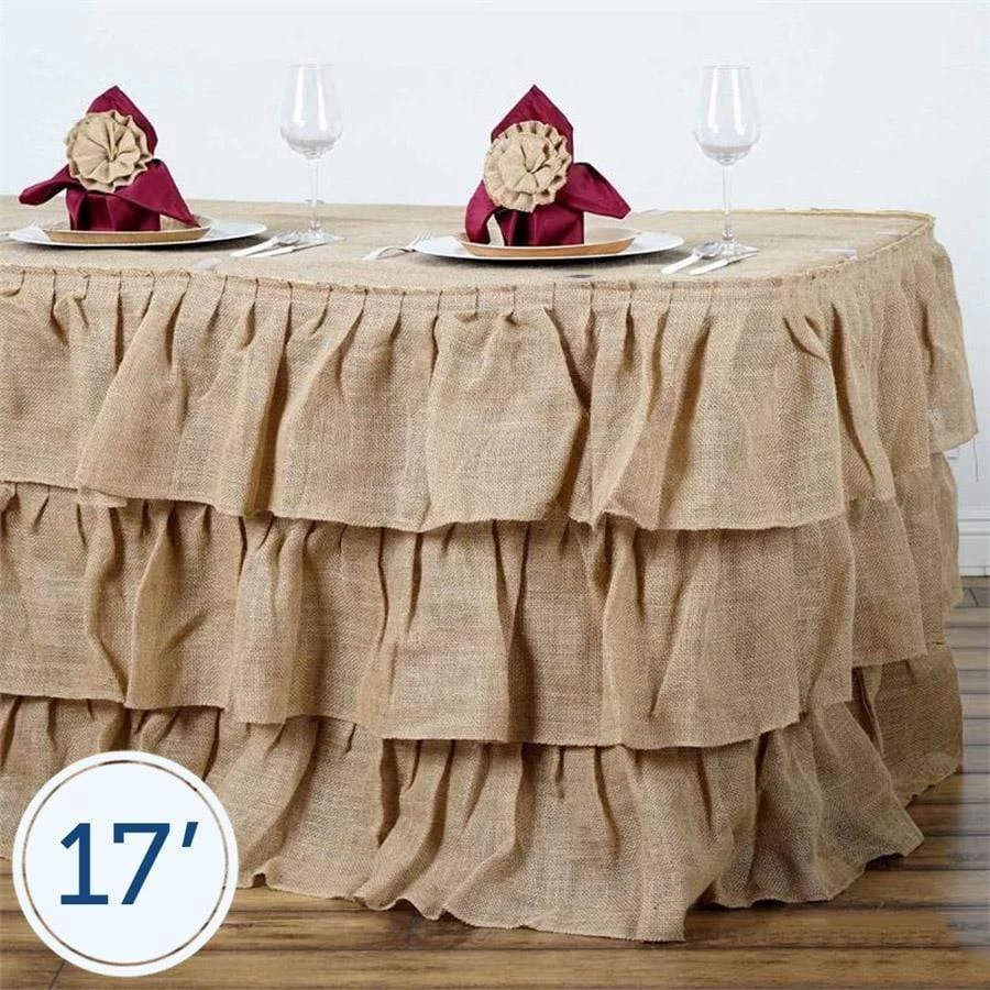 Natural Brown 3 Tiers Ruffled Burlap Table Skirt - Image 8