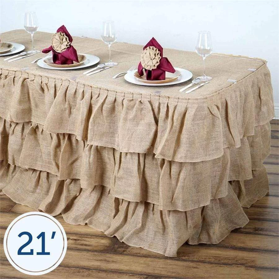 Natural Brown 3 Tiers Ruffled Burlap Table Skirt - Image 15
