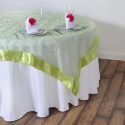 85 Inch Embroidered Organza Table Overlay With Satin Edges