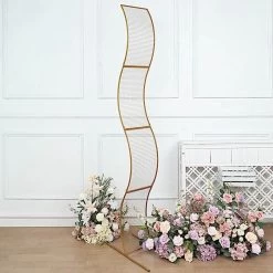 Gold 7 Feet Metal Floral Display Frame Wavy Grid Backdrop Stand Wedding Arch