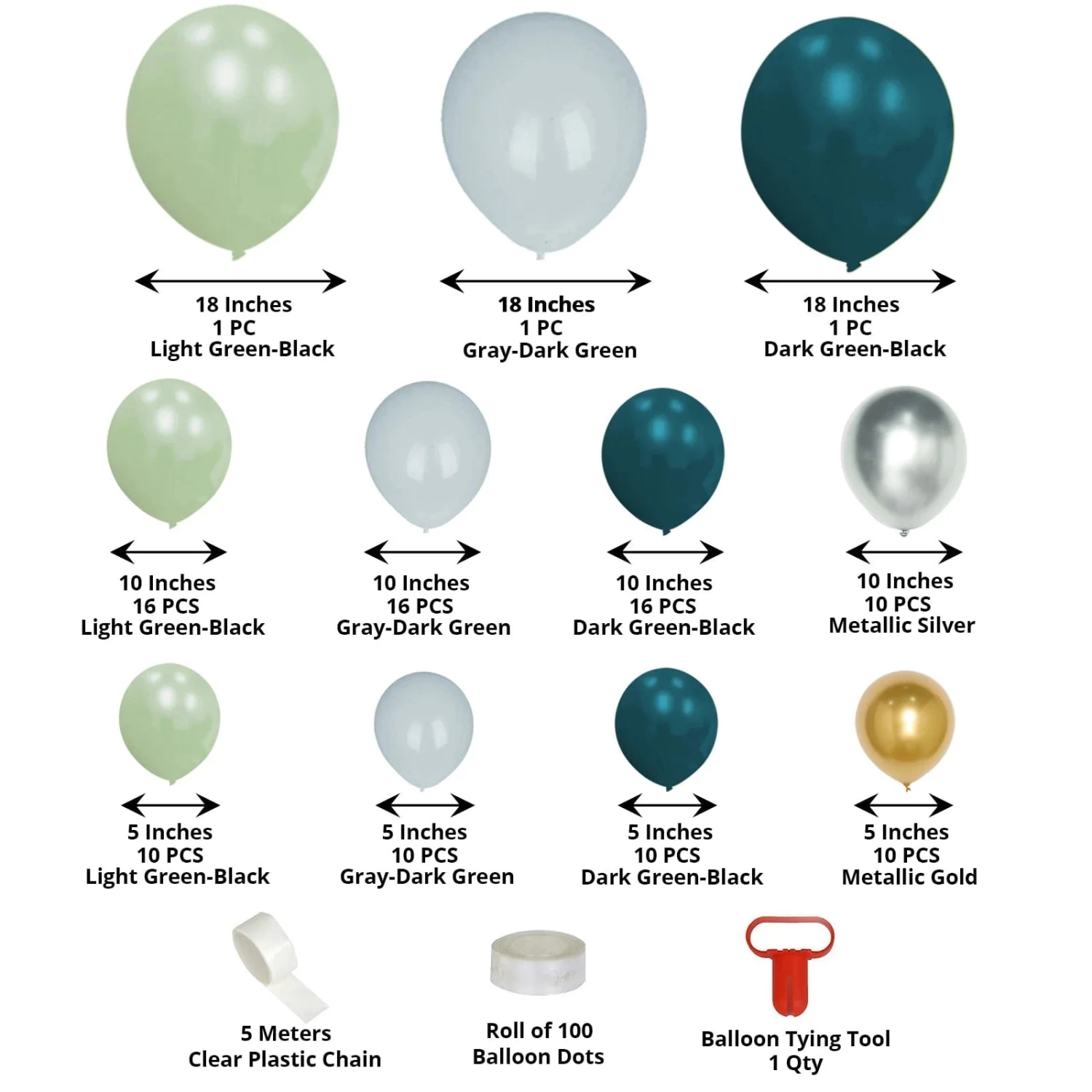 101 Green Gold Silver Double Layer Latex Balloons Garland Arch Decorations Kit Set - Image 3