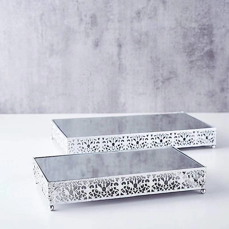 2 Metal With Mirror Glass Fleur De Lis Rectangle Cake Stands - Image 4