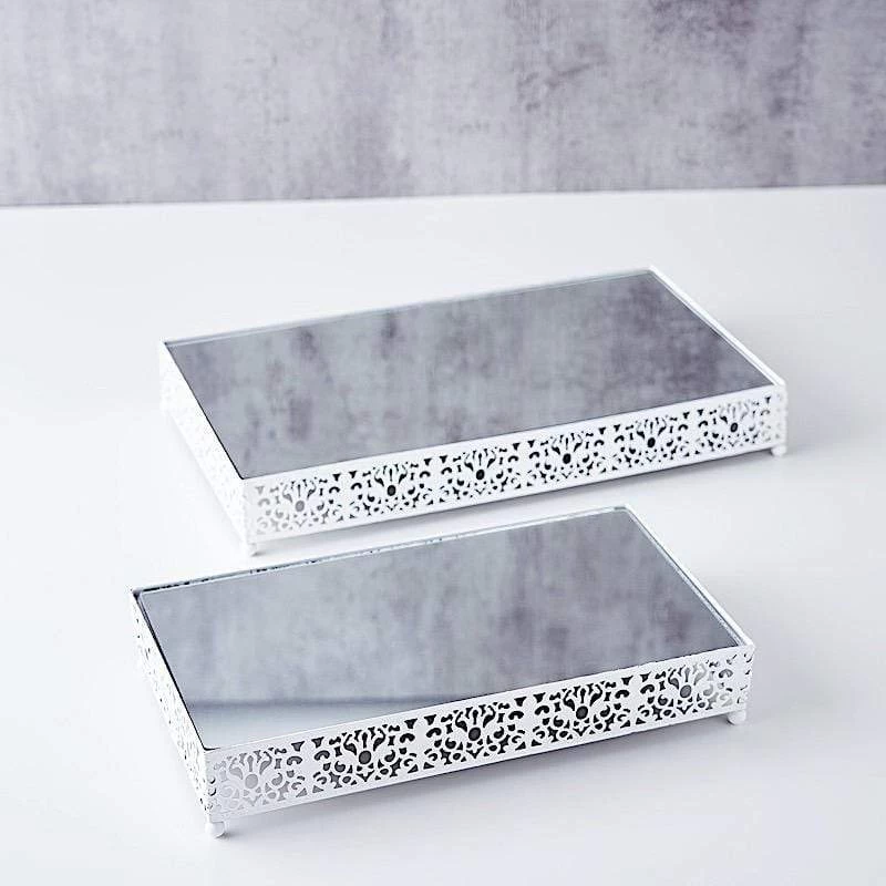 2 Metal With Mirror Glass Fleur De Lis Rectangle Cake Stands - Image 9