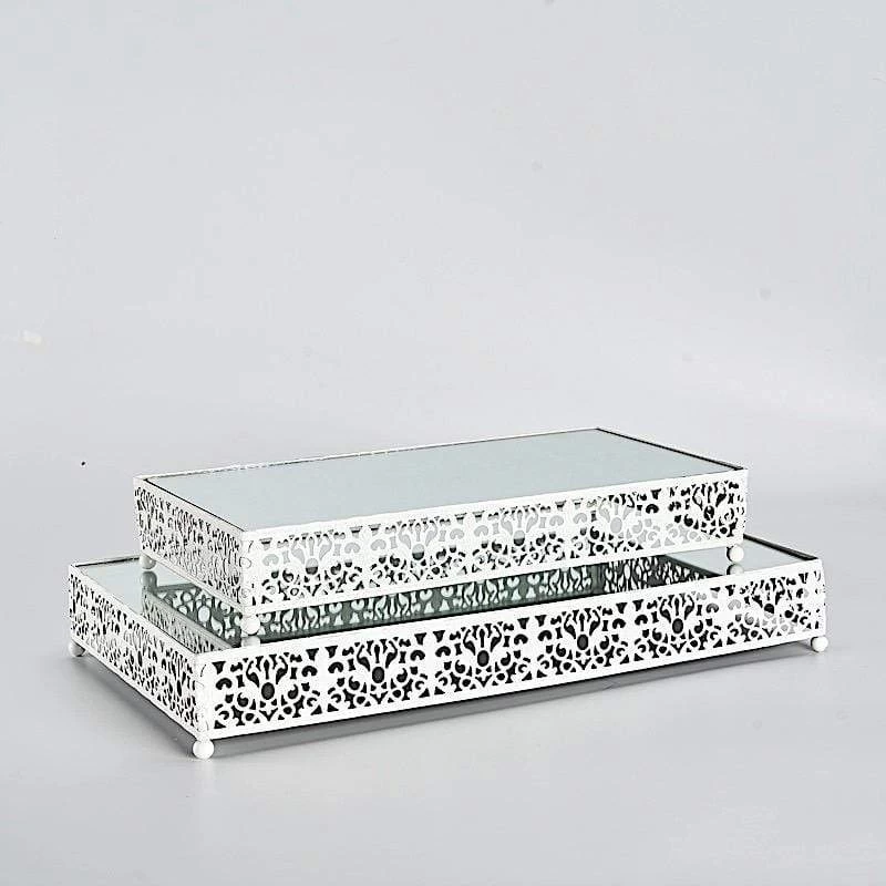 2 Metal With Mirror Glass Fleur De Lis Rectangle Cake Stands - Image 10