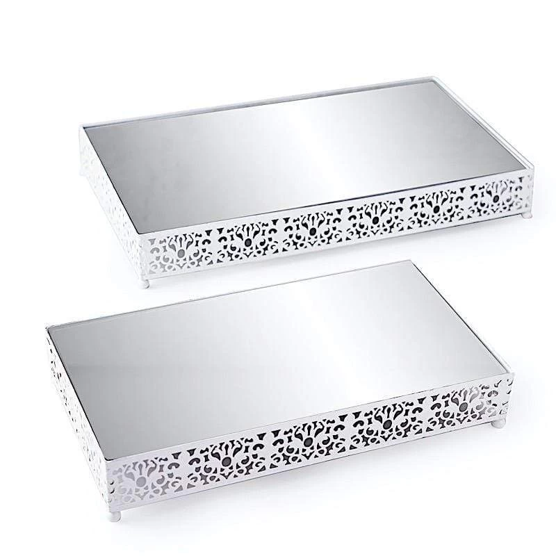 2 Metal With Mirror Glass Fleur De Lis Rectangle Cake Stands - Image 12