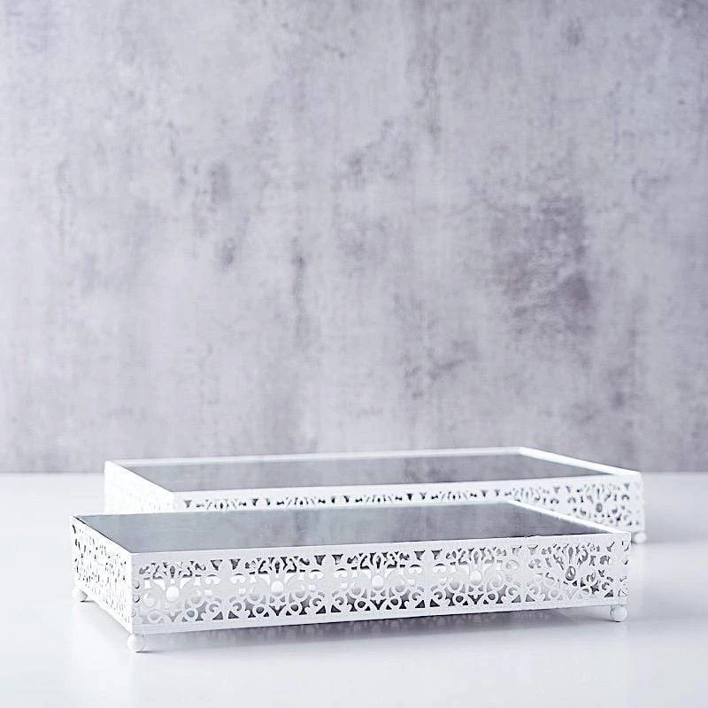 2 Metal With Mirror Glass Fleur De Lis Rectangle Cake Stands - Image 13