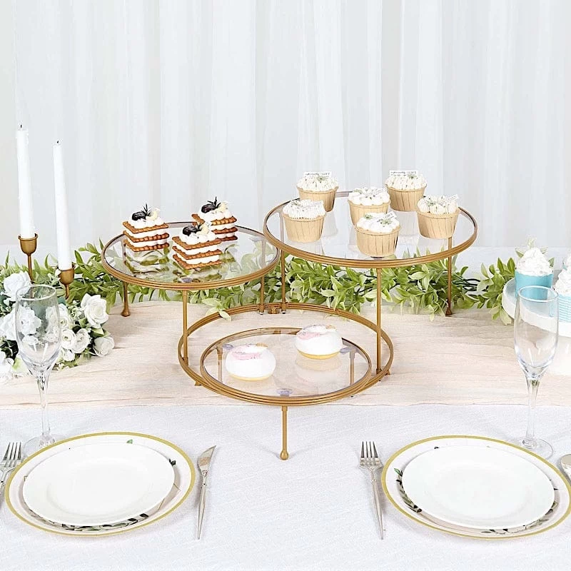 23 In Gold 3 Tier Round Metal Cake Dessert Stand With Clear Acrylic Plates - Image 7