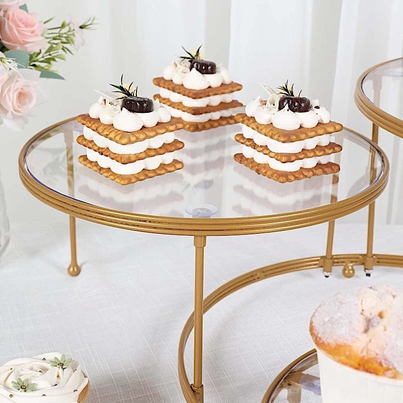 23 In Gold 3 Tier Round Metal Cake Dessert Stand With Clear Acrylic Plates - Image 3