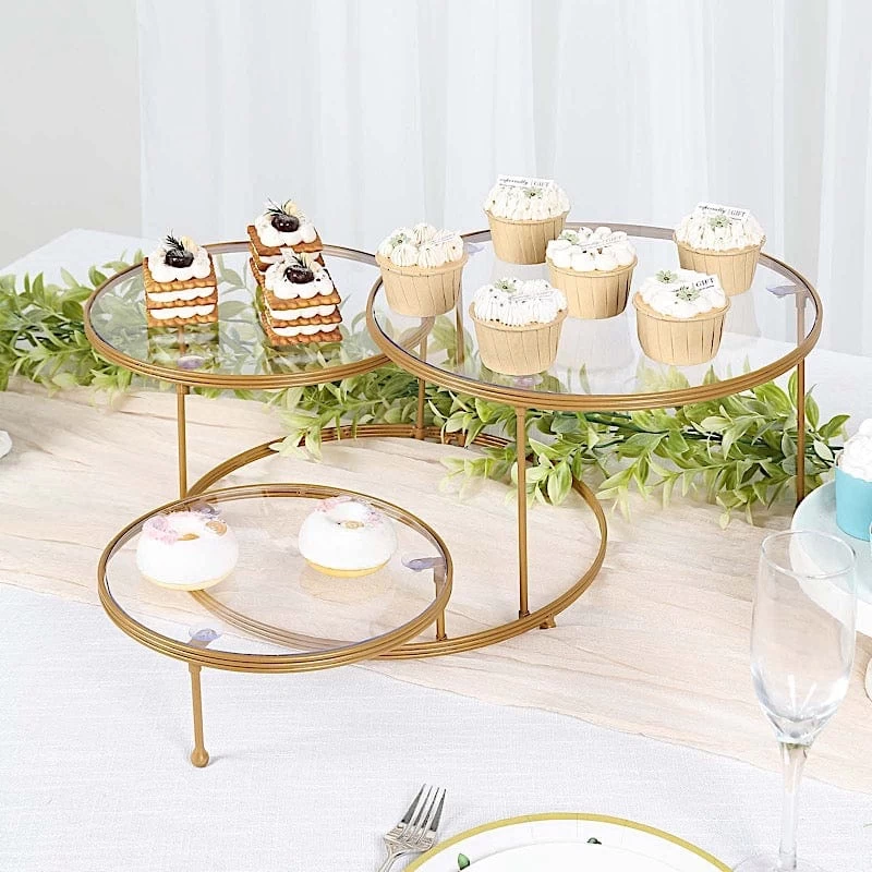 23 In Gold 3 Tier Round Metal Cake Dessert Stand With Clear Acrylic Plates - Image 2