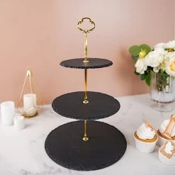 15 In 3 Tier Black With Gold Round Stone Plates Cupcake Dessert Stand