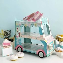16 In Blue With Pink 3 Tier Cardboard Ice Cream Truck Cupcake Dessert Stand
