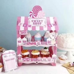 18 In White With Pink 2 Tier Cardboard Sweet Shop Cupcake Dessert Stand
