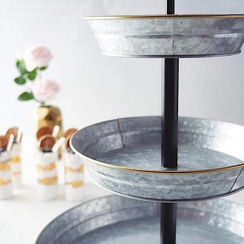 20 In Silver With Black 3 Tier Galvanized Metal Serving Trays Cupcake Holders Stand - Image 5