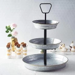 20 In Silver With Black 3 Tier Galvanized Metal Serving Trays Cupcake Holders Stand
