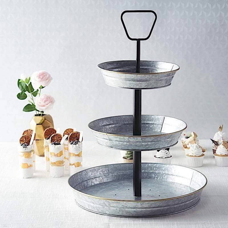 20 In Silver With Black 3 Tier Galvanized Metal Serving Trays Cupcake Holders Stand