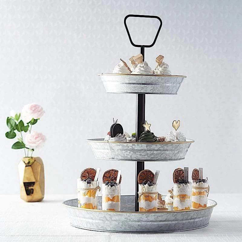 20 In Silver With Black 3 Tier Galvanized Metal Serving Trays Cupcake Holders Stand - Image 3