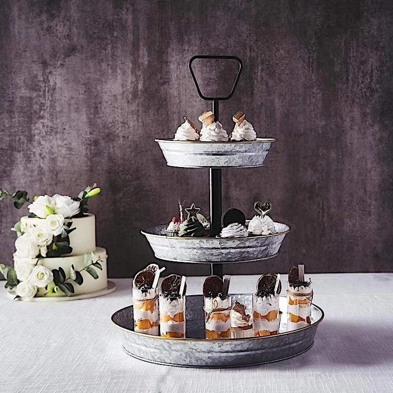 20 In Silver With Black 3 Tier Galvanized Metal Serving Trays Cupcake Holders Stand - Image 2