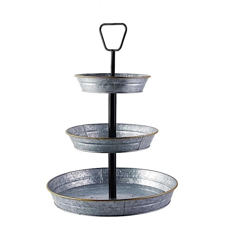 20 In Silver With Black 3 Tier Galvanized Metal Serving Trays Cupcake Holders Stand - Image 9