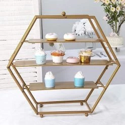 21 In Tall Gold 3 Tier Metal Hexagonal Cupcake Holder Dessert Display Stand