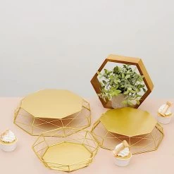 3 Gold Geometric Octagon Metal Cake Stands Dessert Display Riser