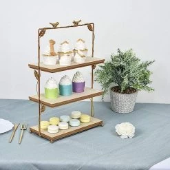 Gold 19 In Tall Metal With Natural Wood 3 Tier Dessert Stand Cupcake Holder