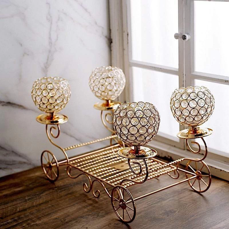 18 In Gold Cinderella Carriage Stand With Crystal Beaded Candle Holders - Image 2