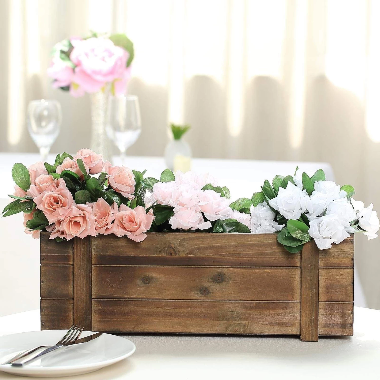 18x6 In Dark Brown Wood Rustic Rectangular Box Planter Holders Centerpieces - Image 4