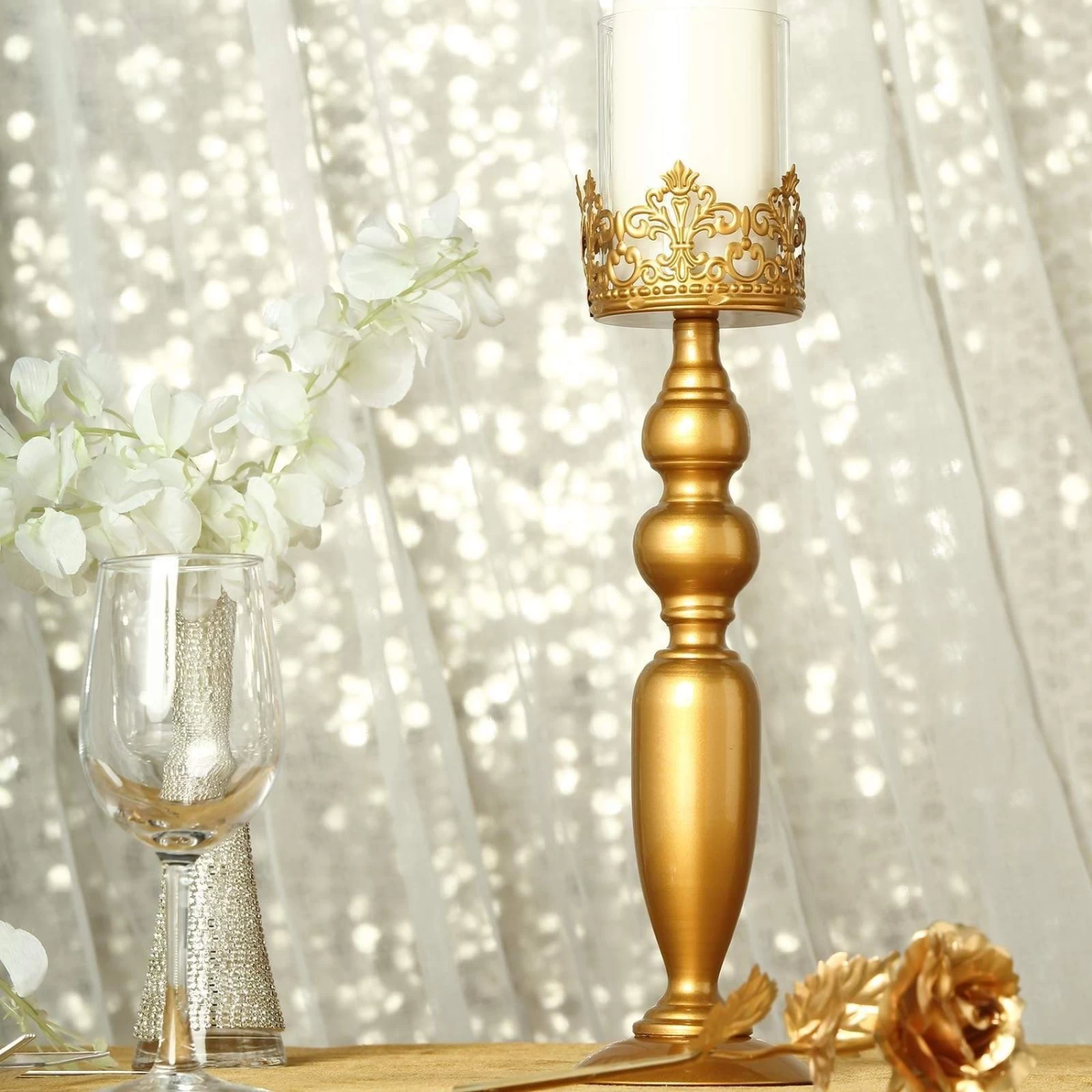 2 Gold 17 In Tall Metal With Lacy Trim Glass Candle Holders Centerpieces - Image 2