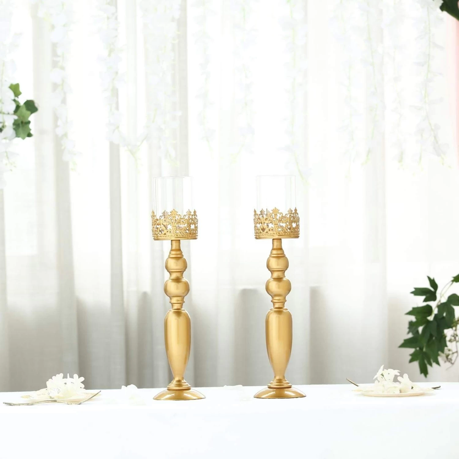 2 Gold 17 In Tall Metal With Lacy Trim Glass Candle Holders Centerpieces - Image 6