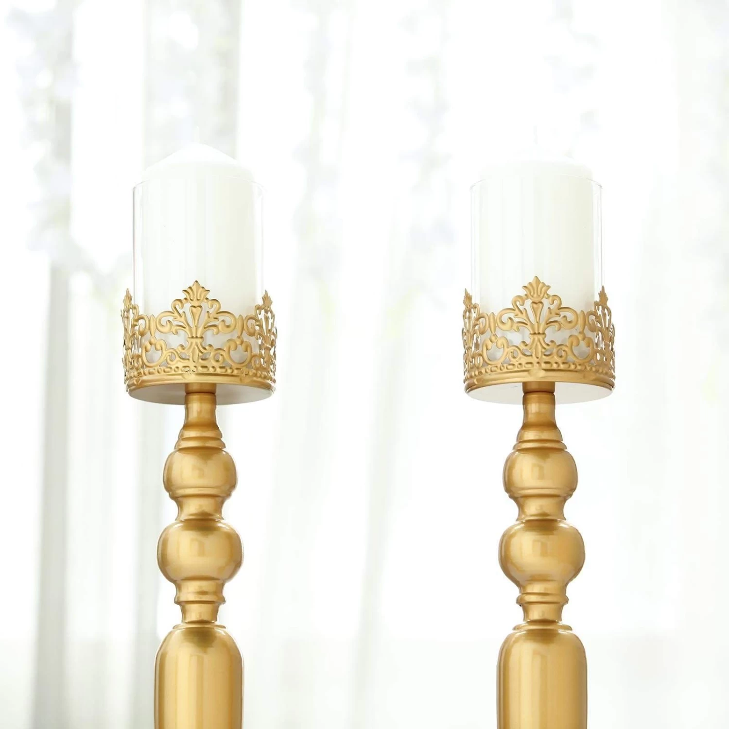 2 Gold 17 In Tall Metal With Lacy Trim Glass Candle Holders Centerpieces - Image 4