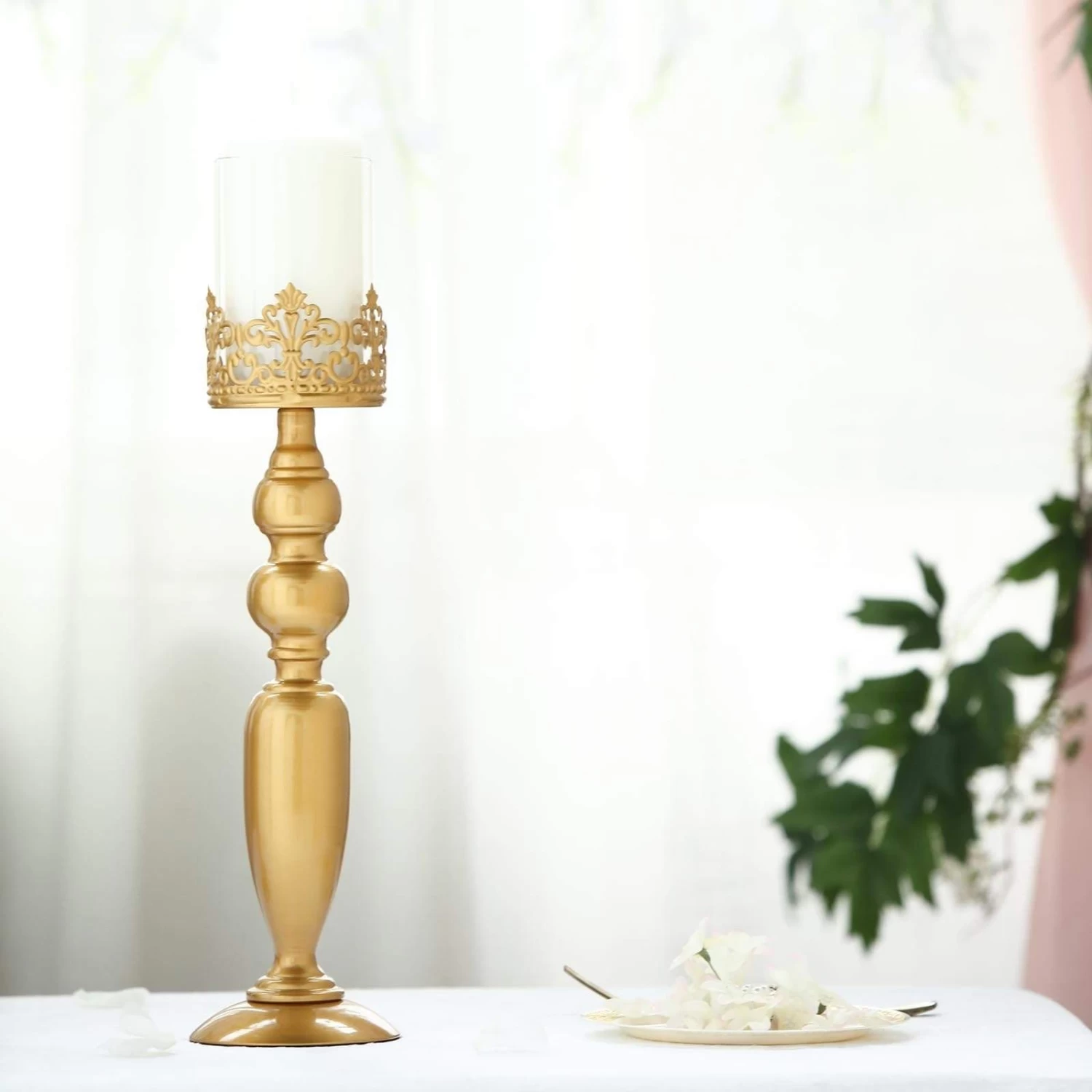 2 Gold 17 In Tall Metal With Lacy Trim Glass Candle Holders Centerpieces - Image 3