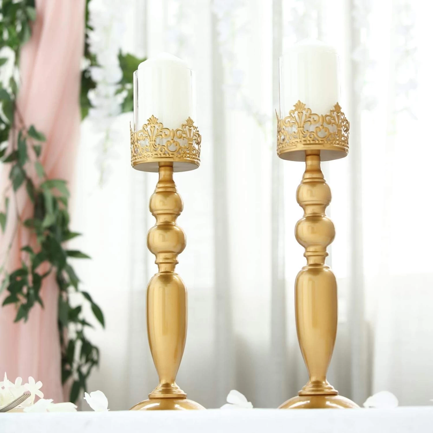 2 Gold 17 In Tall Metal With Lacy Trim Glass Candle Holders Centerpieces
