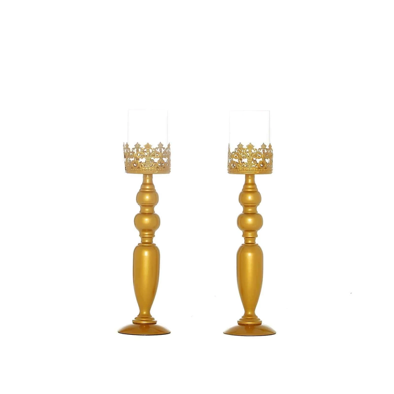 2 Gold 17 In Tall Metal With Lacy Trim Glass Candle Holders Centerpieces - Image 7