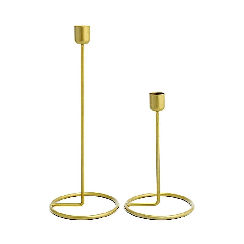 2 Gold Metal Geometric Taper Candle Holders Set With Ring Base - Image 4