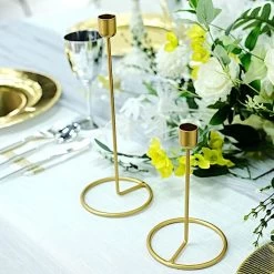 2 Gold Metal Geometric Taper Candle Holders Set With Ring Base
