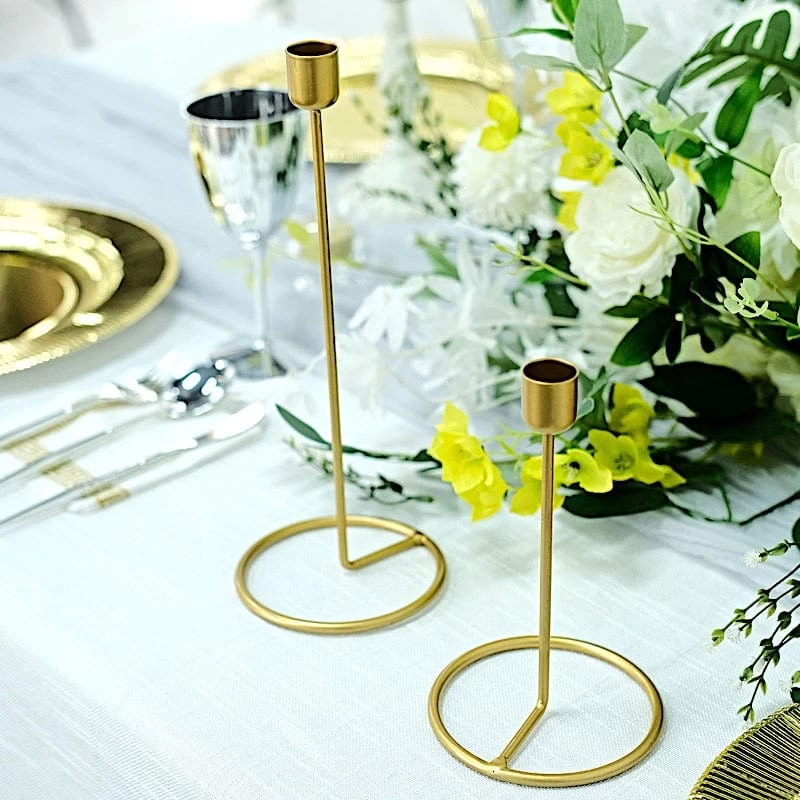 2 Gold Metal Geometric Taper Candle Holders Set With Ring Base