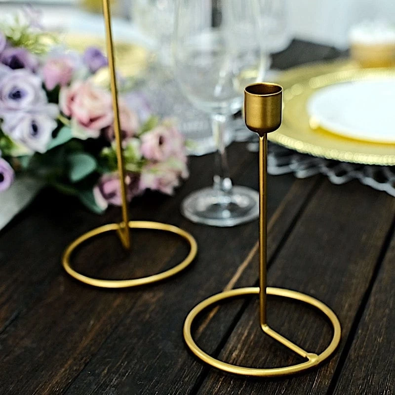 2 Gold Metal Geometric Taper Candle Holders Set With Ring Base - Image 7