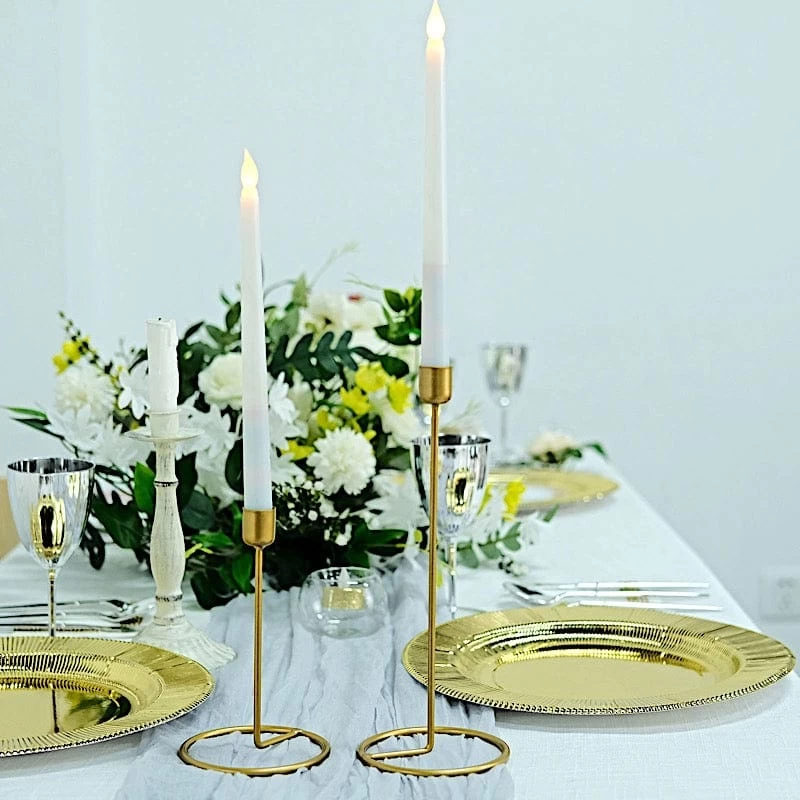 2 Gold Metal Geometric Taper Candle Holders Set With Ring Base - Image 6