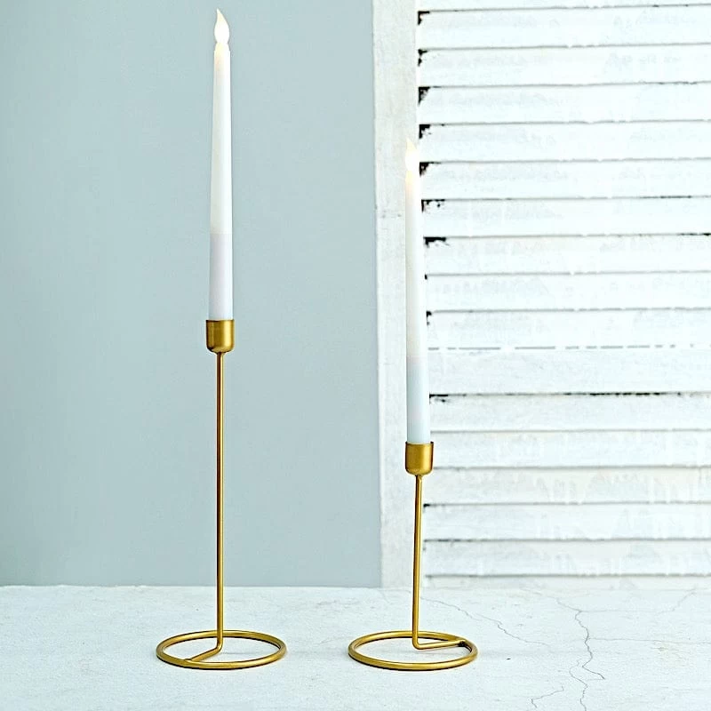 2 Gold Metal Geometric Taper Candle Holders Set With Ring Base - Image 9