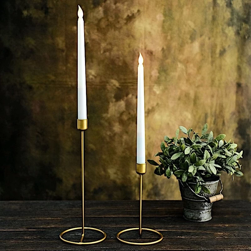 2 Gold Metal Geometric Taper Candle Holders Set With Ring Base - Image 2
