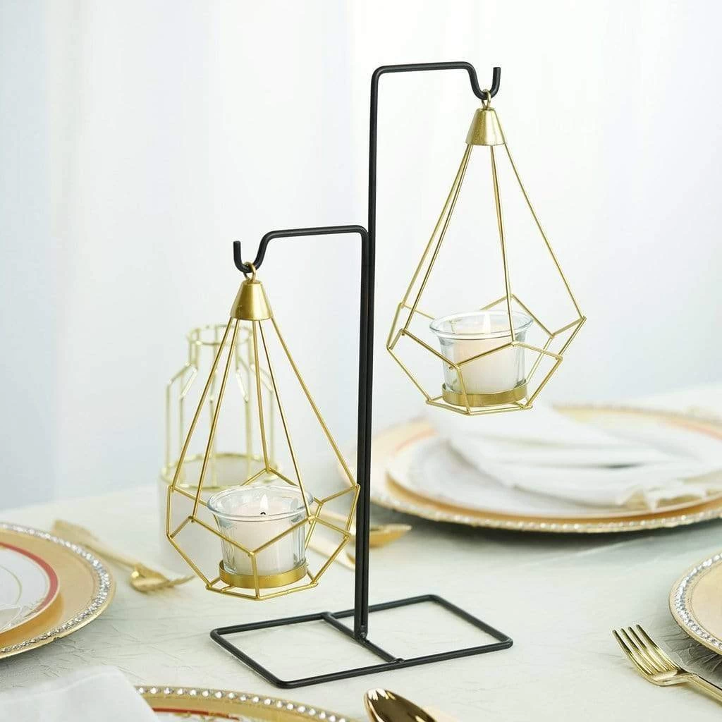 2 Pcs 8 In Tall Gold Geometric Tealight Votive Candle Holders With Black Stand