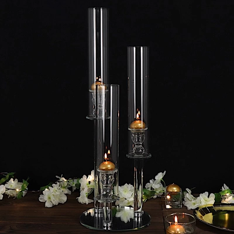 23 In Tall Clear 3 Arm Round Crystal Glass Candelabra Taper Candle Holder - Image 6