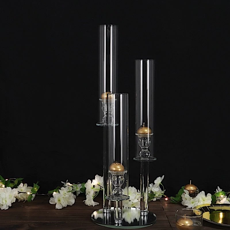 23 In Tall Clear 3 Arm Round Crystal Glass Candelabra Taper Candle Holder - Image 2